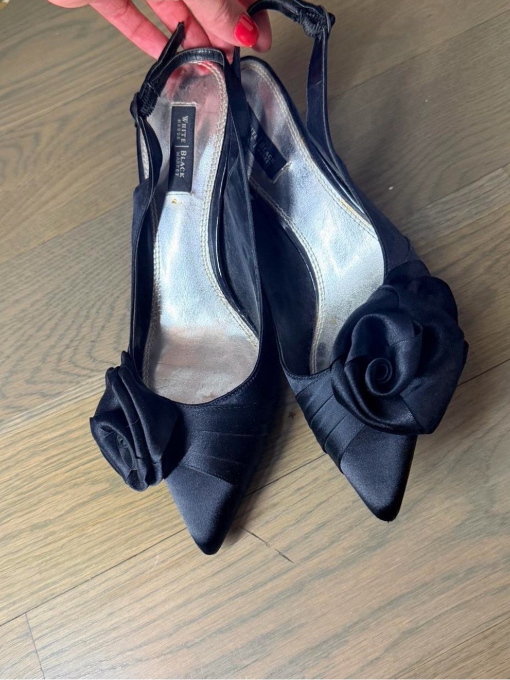 White House Black Market Black Satin Pointed Slingback Pumps with Rosette